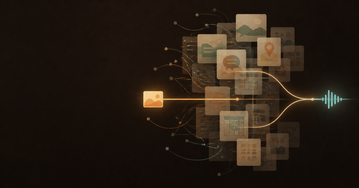 A dark cognitive memory cloud narrows many faded conversation, place, calendar, and image fragments into one selected memory that flows toward a voice waveform.